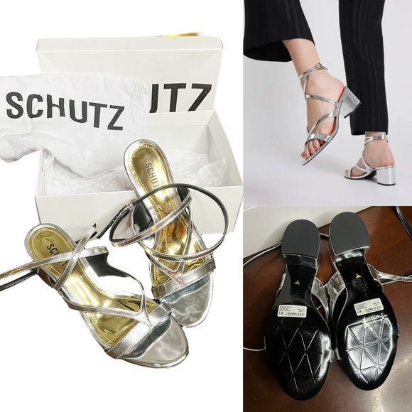 NWT SCHUTZ Stephanie Block Heels Strappy Women's Sandals Spechio Metallic Silver - Picture 1 of 10